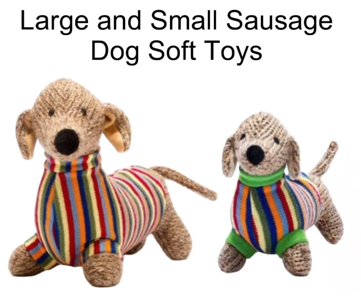 Knitted Large Sausage Dog (Dachshund) Soft Toy With Rainbow Stripe Sweater