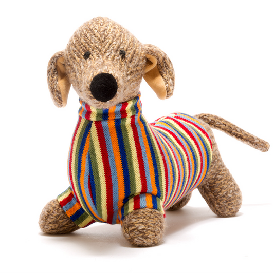 Knitted Large Sausage Dog (Dachshund) Soft Toy With Rainbow Stripe Sweater