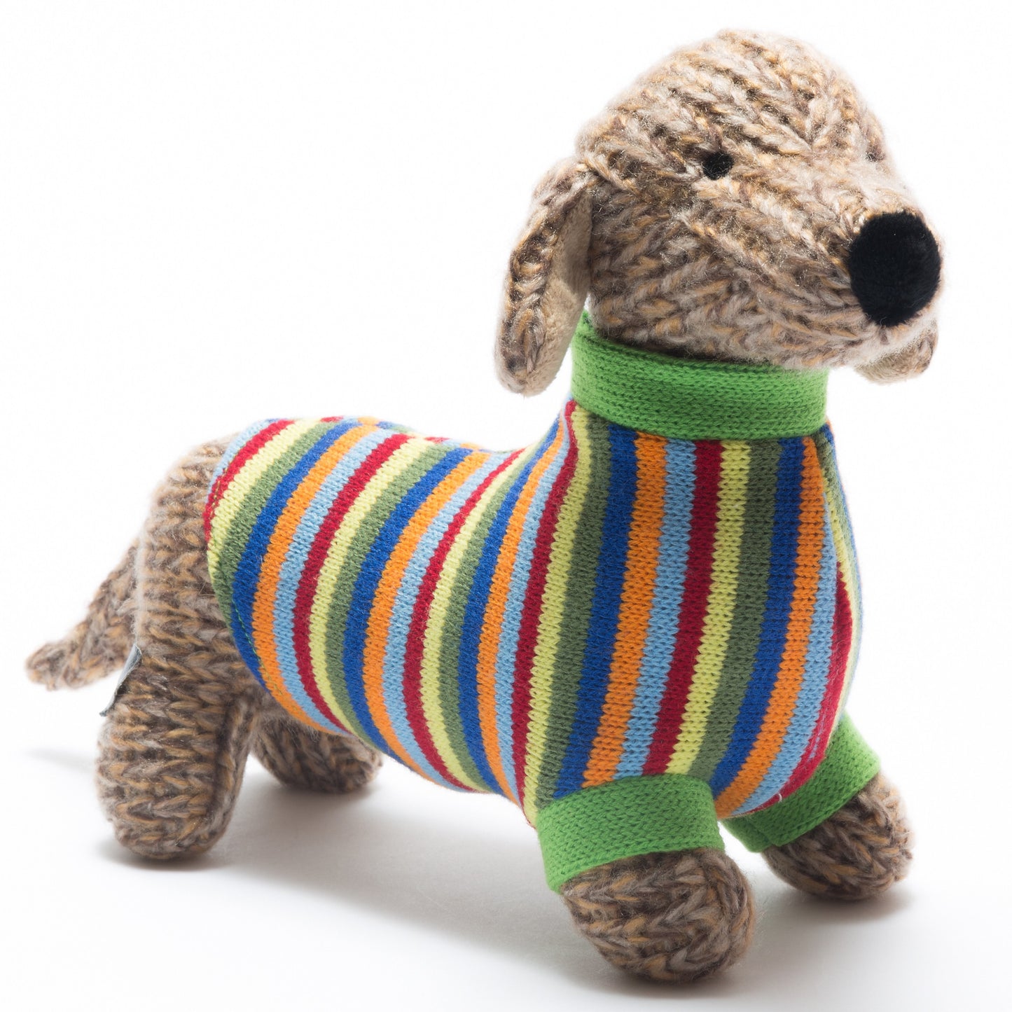 Knitted Small Sausage Dog (Dachshund) Soft Toy With Rainbow Stripe Sweater