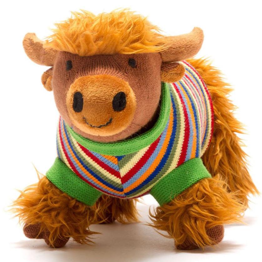 Knitted Highland Cow Soft Toy With Rainbow Stripe Sweater