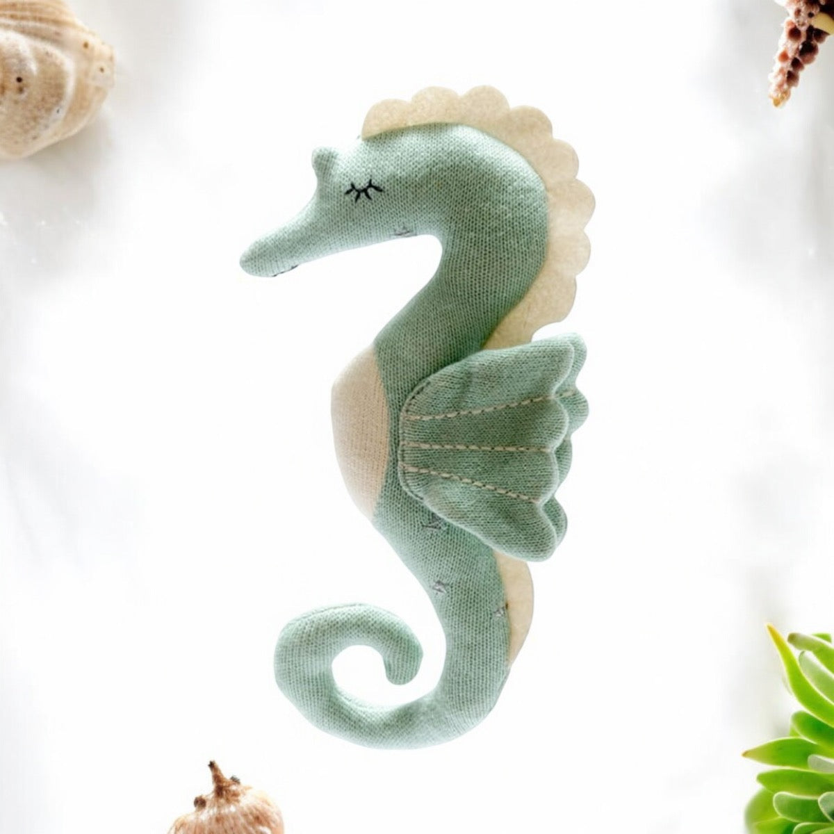 Knitted Organic Cotton Seahorse Soft Toy Sea Green / White